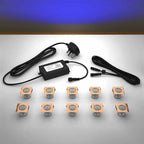 Copper square lighting kit with 30mm blue LED bulbs and power adapter on a gray surface