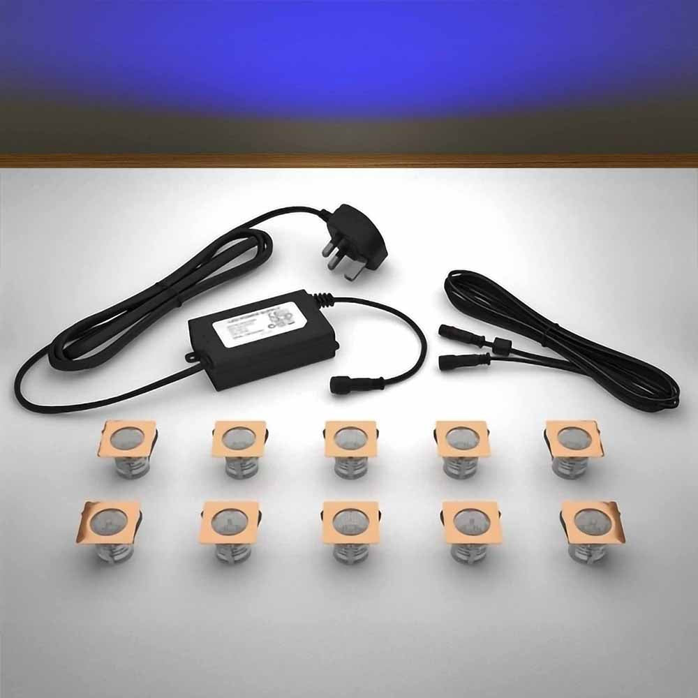 Copper square lighting kit with 30mm blue LED bulbs and power adapter on a gray surface