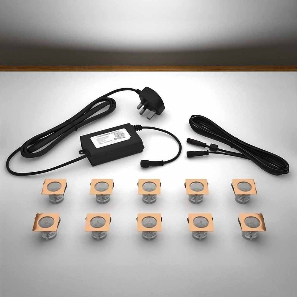 Copper square lighting kit with 30mm white LED bulbs and power adapter on a gray surface