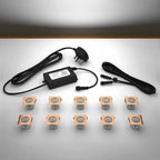 Copper square lighting kit with 30mm white LED bulbs and power adapter on a gray surface
