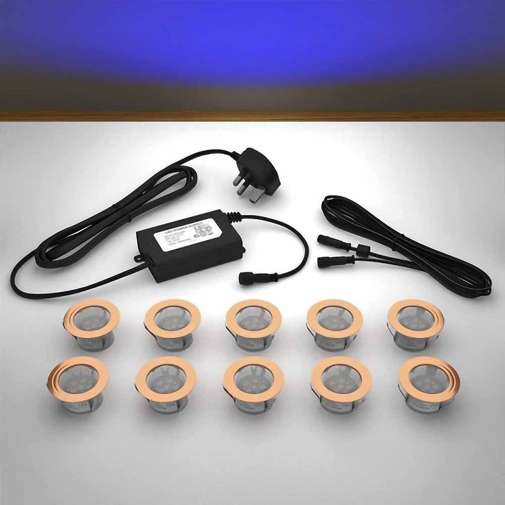 Copper lighting kit with 45mm blue LED bulbs and power adapter on a gray surface