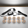 Copper lighting kit with 45mm white LED bulbs and power adapter on a gray surface