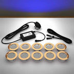 Copper lighting kit with 60mm blue LED bulbs and power adapter on a gray surface