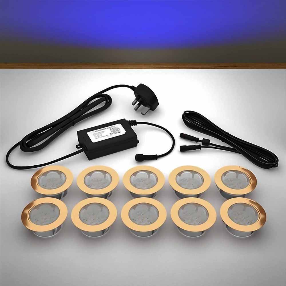 Copper lighting kit with 60mm blue LED bulbs and power adapter on a gray surface