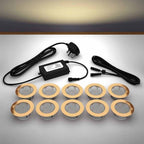 Copper lighting kit with 60mm warm white LED bulbs and power adapter on a gray surface