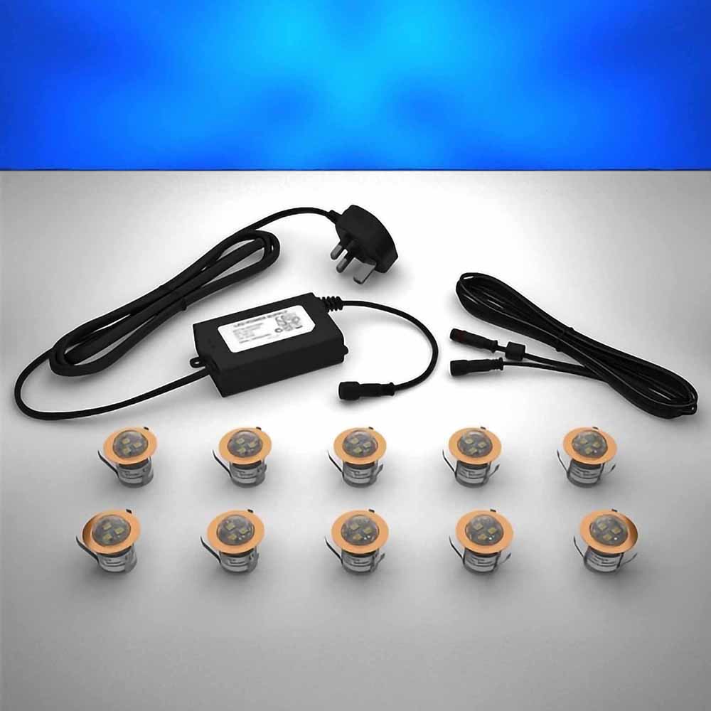 Copper domed lighting kit with 30mm blue LED bulbs and power adapter on a gray surface