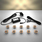 Copper domed lighting kit with 30mm warm white LED bulbs and power adapter on a gray surface