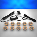 Copper domed lighting kit with 45mm blue LED bulbs and power adapter on a gray surface