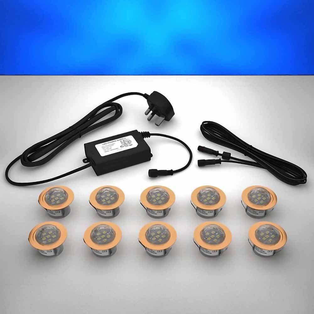 Copper domed lighting kit with 45mm blue LED bulbs and power adapter on a gray surface