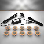 Copper domed lighting kit with 45mm white LED bulbs and power adapter on a gray surface
