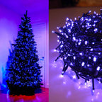 Ultra violet LED string lights on a Christmas tree and coiled on a surface.