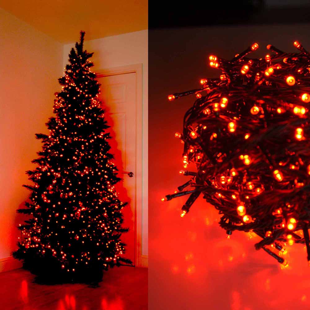 Christmas tree with red lights and close-up of red string lights.