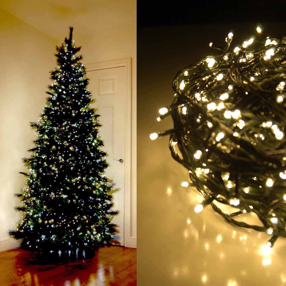 Warm white Christmas tree decorated with string lights and close-up of string lights.